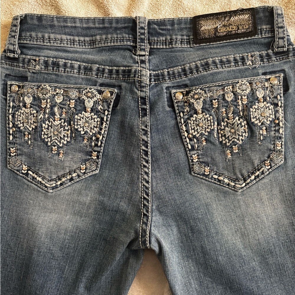 Grace in LA Blue Boot Cut Jeans with Rhinestone Embellishments